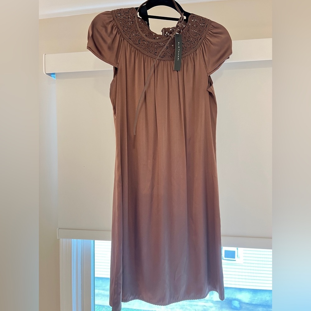 NWT Vintage Elie Tahari Brown Silk Dress with Puff Cap Sleeves and Belt